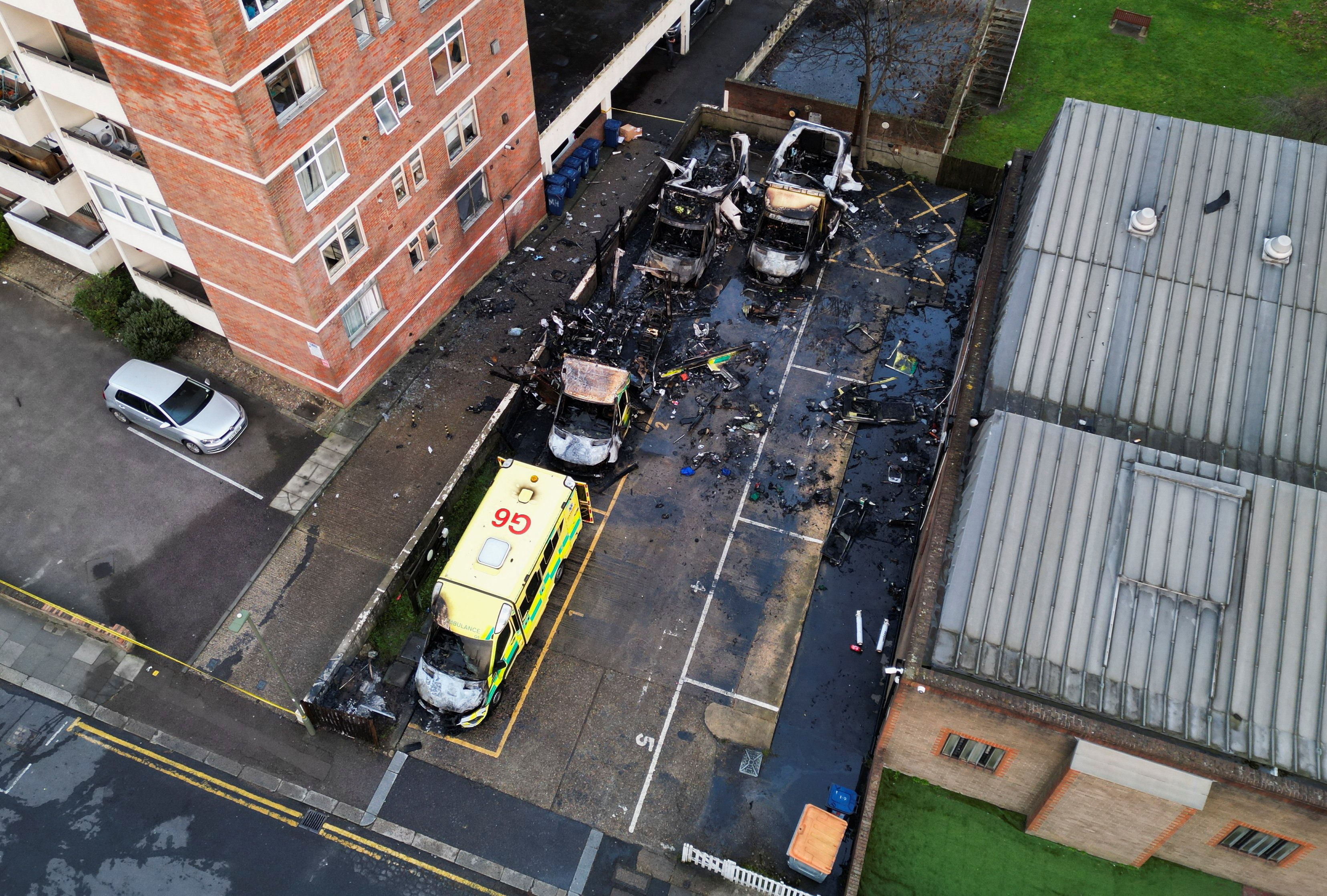 A drone view of four ambulances belonging to Hatzola, a Jewish community organisation, that were set on fire in an incident that the police say is being treated as an antisemitic hate crime, in northwest London, Britain, March 23, 2026.