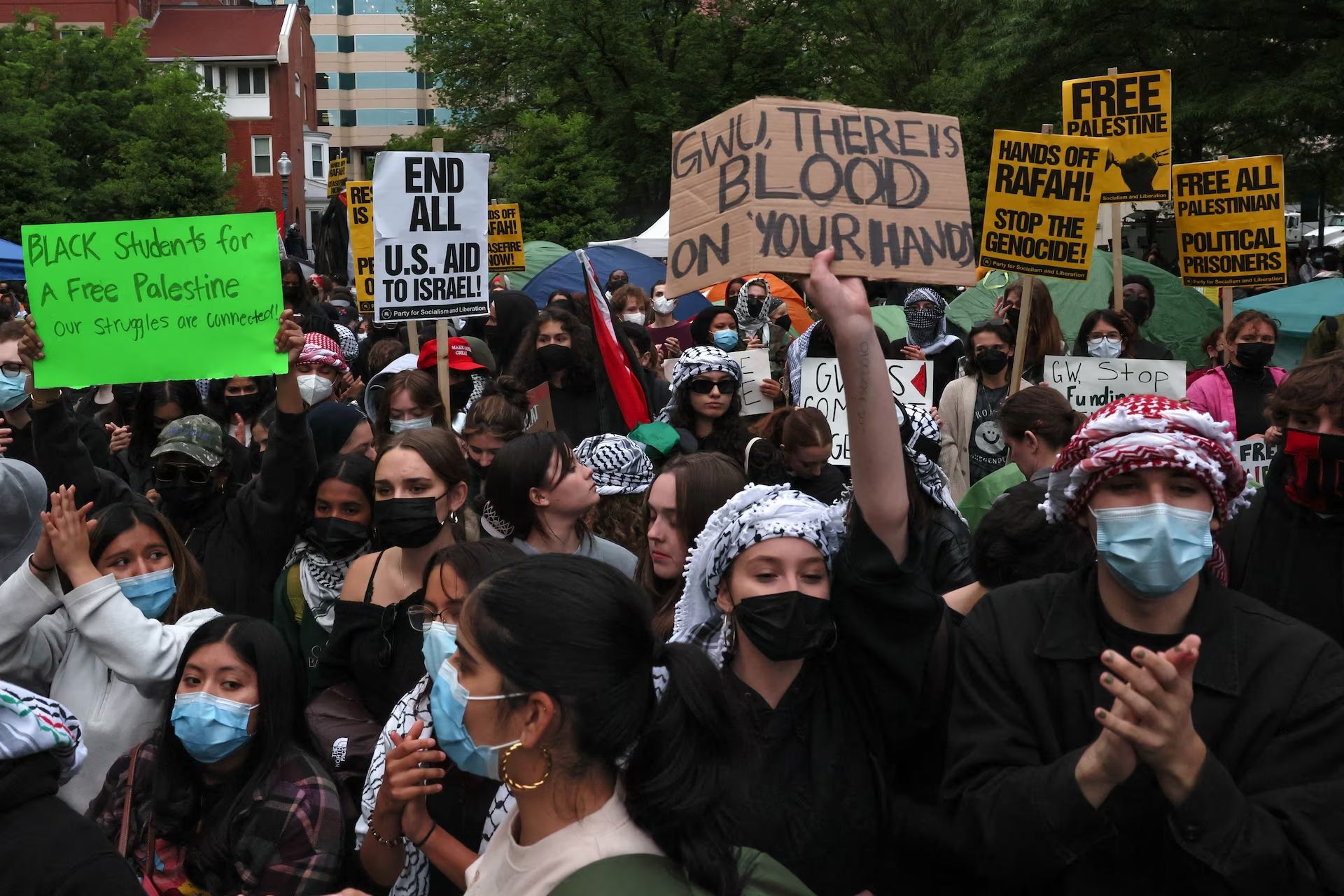Students and others demonstrate at a protest encampment at University Yard in support of Palestinians in Gaza at George Washington University in Washington, April 25.