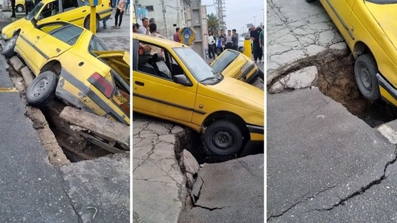 سقوط دو تاکسی در چاله ناشی از فرونشست زمین در گرگان
