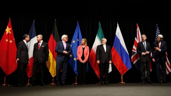 Officials announcing Iran nuclear agreement in Vienna in July 2015. (From left to right) Foreign ministers/secretaries of state Wang Yi (China), Laurent Fabius (France), Frank-Walter Steinmeier (Germany), Federica Mogherini (EU), Mohammad Javad Zarif (Iran), Philip Hammond (UK), John Kerry (USA)