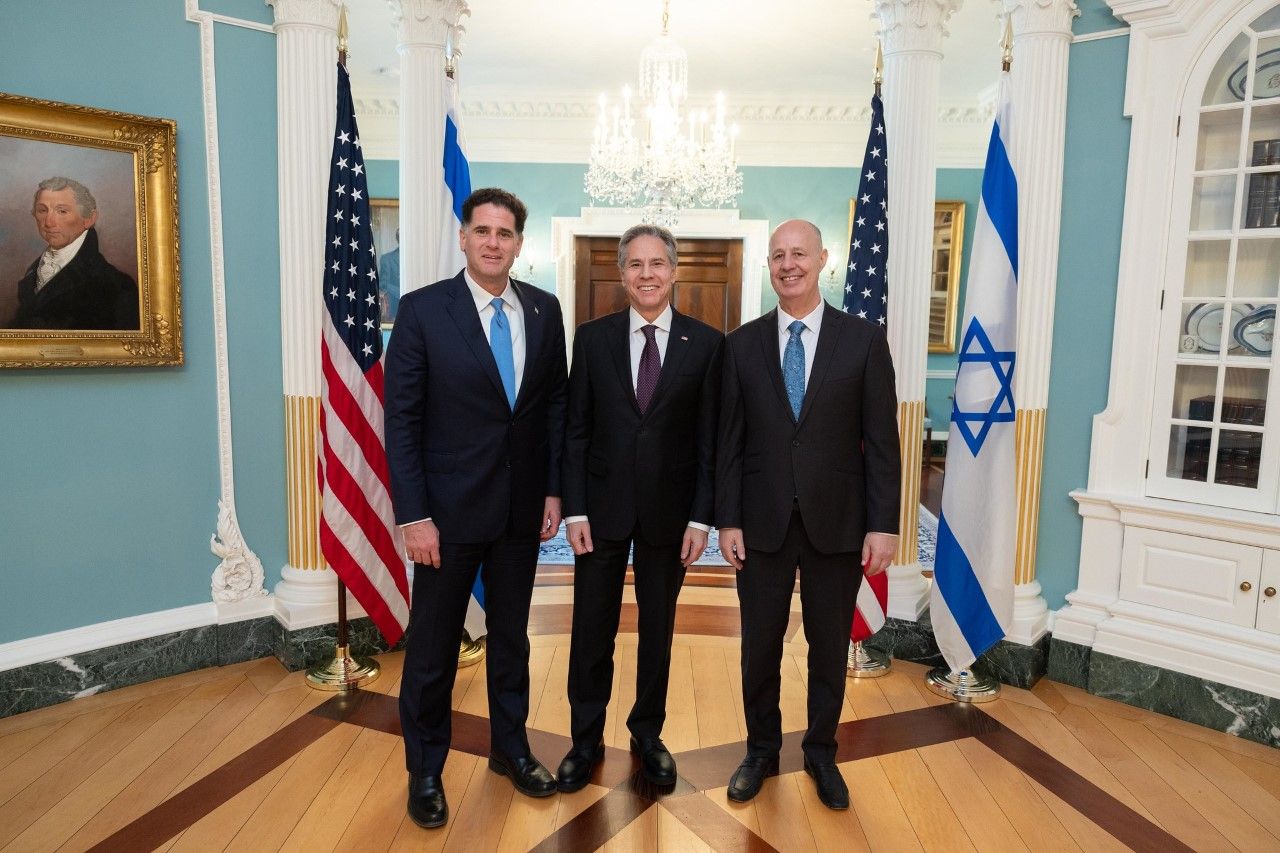Strategic Affairs Minister Ron Dermer, US Secretary of State Antony Blinken and National Security Council chairman Tzachi Hanegbi at the State Department in Washington on March 7, 2023. 