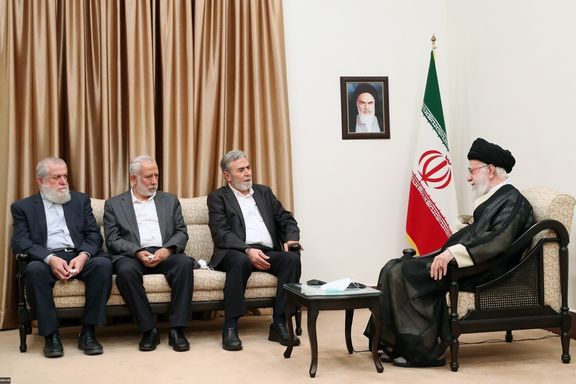 Secretary-General of the Palestinian Islamic Jihad resistance movement Ziad al-Nakhaleh (3rd from right) meets with Iran’s Supreme Leader Ali Khamenei in Tehran on June 14, 2023.