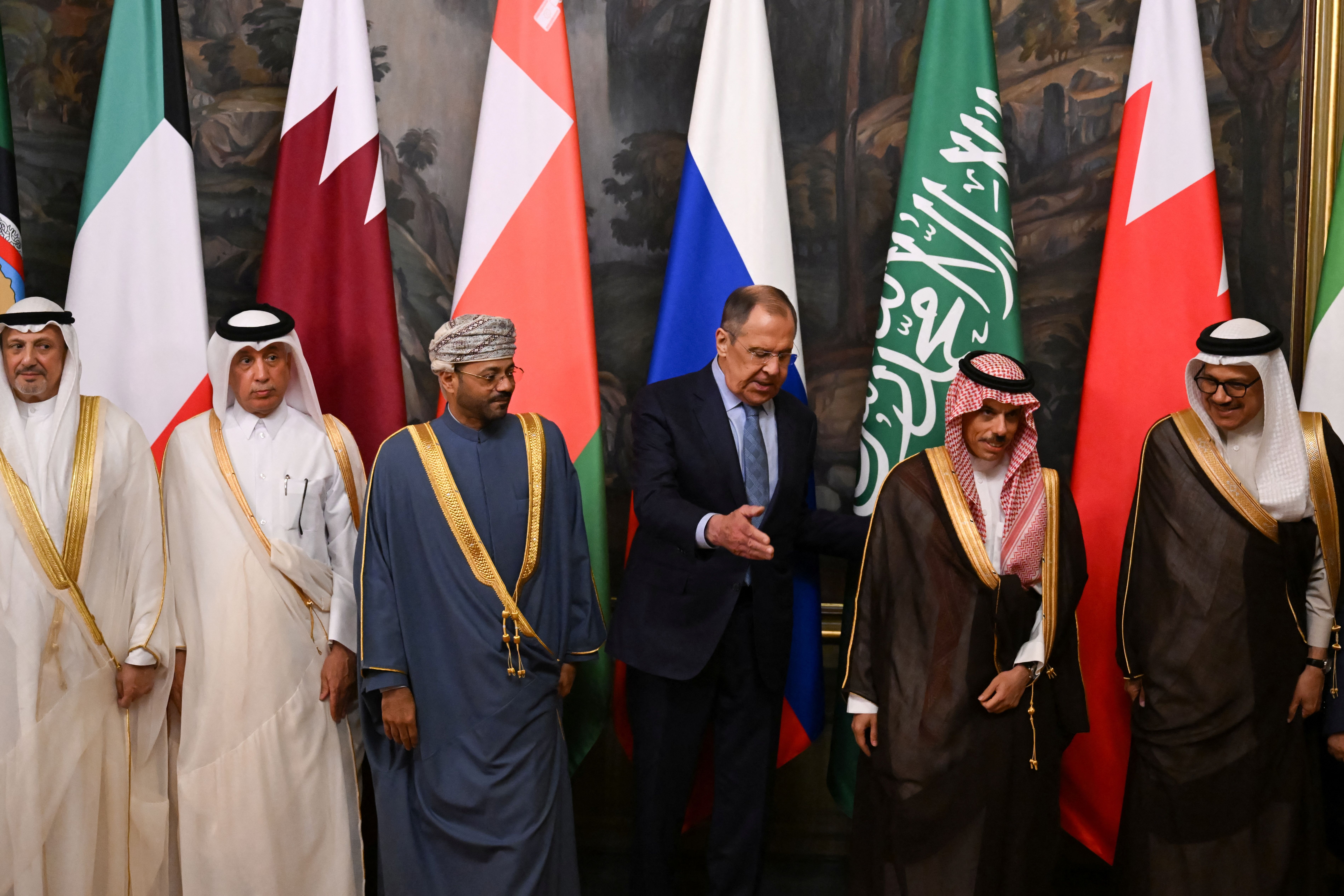 Russian Foreign Minister Sergei Lavrov leaves with his counterparts of the Persian Gulf Cooperation Council (GCC) after posing for a family photo prior to their meeting in Moscow on July 10, 2023. 