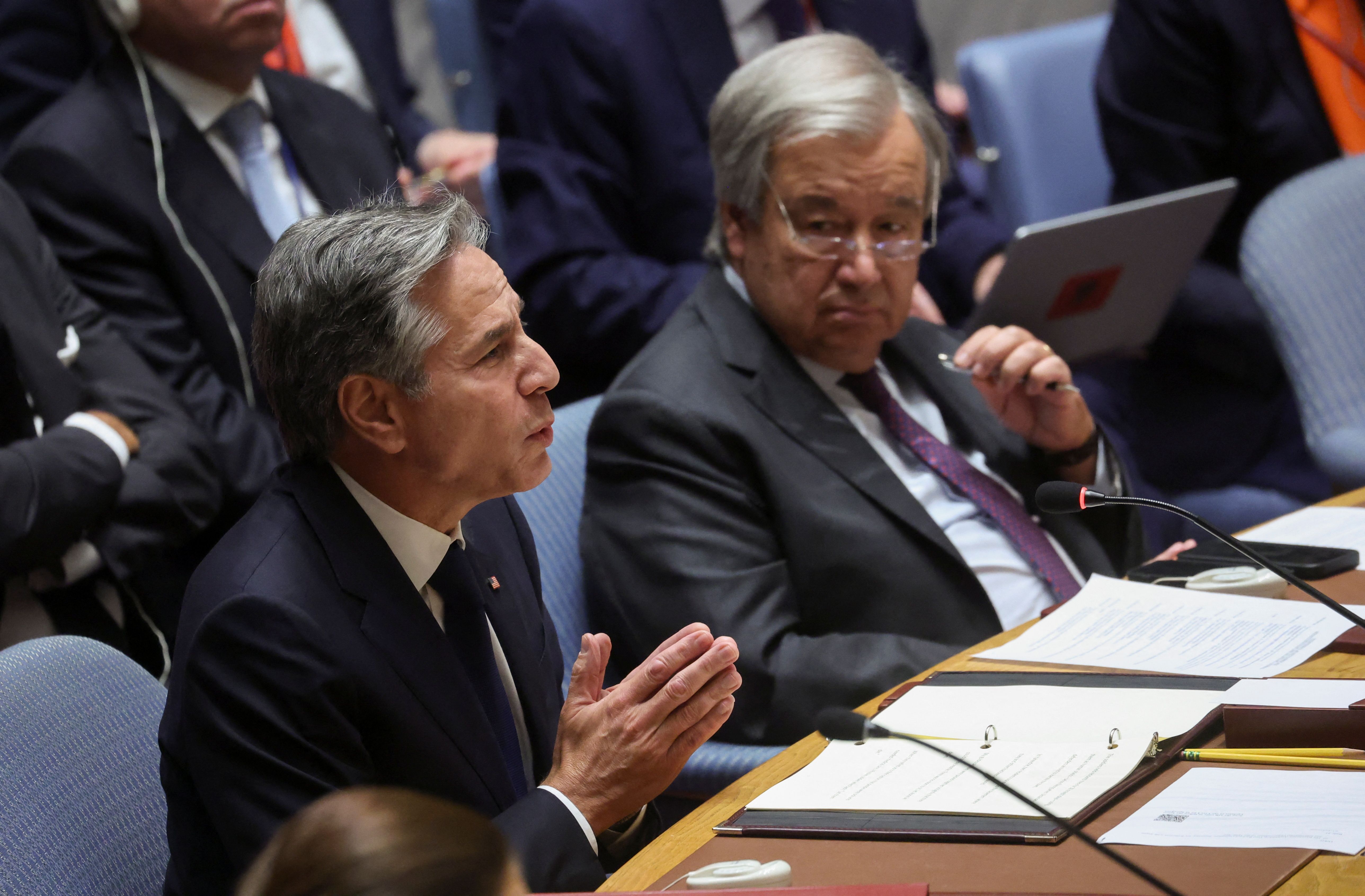 US Secretary of State Antony Blinken addresses the United Nations Security Council as UN Secretary-General Antonio Guterres listens at UN headquarters in New York, September 20, 2023. 