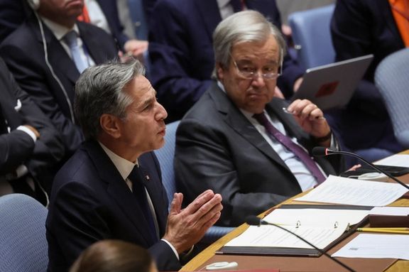 US Secretary of State Antony Blinken addresses the United Nations Security Council as UN Secretary-General Antonio Guterres listens at UN headquarters in New York, September 20, 2023.