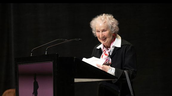 The Canadian author Margaret Atwood gives a speech after receiving the H.C. Andersen Literature Prize 2024 at the concert hall Odeon in Odense, October 27, 2024.