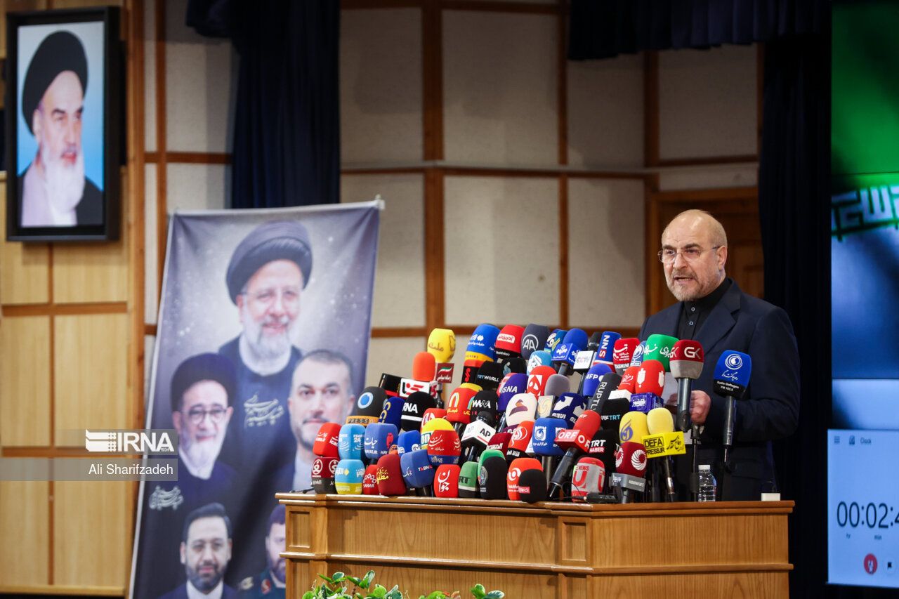 Iranian parliament Speaker Mohammad-Bagher Ghalibaf speaks at a press conference after registering as a candidate for the presidential election at the Interior Ministry, in Tehran, June 3, 2024 