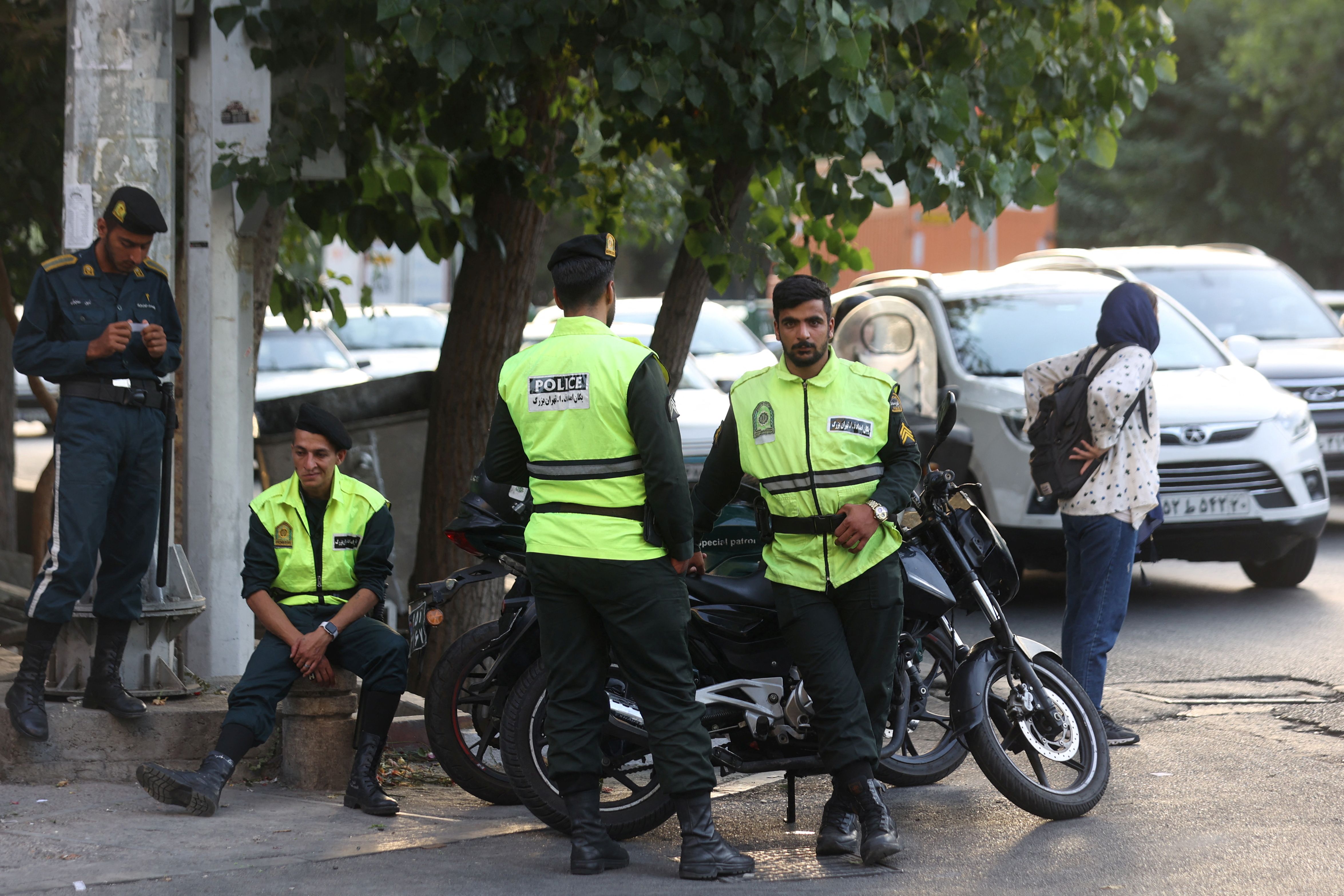 Iran's police forces stand on a street during the revival of morality police in Tehran, Iran, July 16, 2023.  