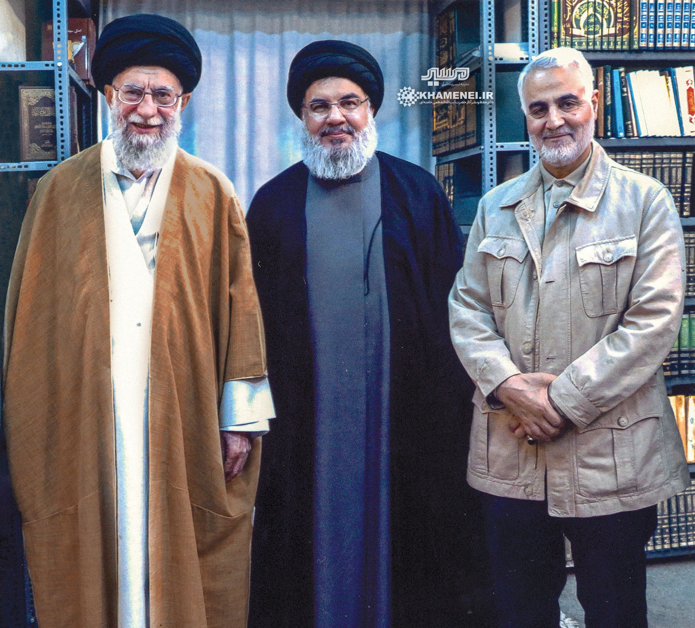Iran’s Supreme Leader Ali Khamenei (left), Hezbollah Secretary-General Hassan Nasrallah (center) and former IRGC Quds force commander Qasem Soleimani (file photo)
