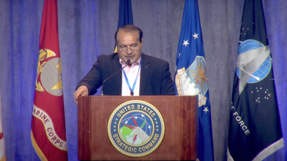 Hossein Mousavian, former Iranian diplomat and a Princeton scholar, speaking during the 2023 US Strategic Command Deterrence Symposium (August 2023)