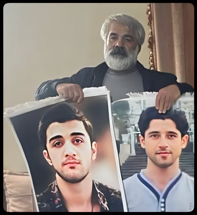 Mohammd-Mehdi Karami's father holding photos of his son (left) and Mohammad Hosseini (right)