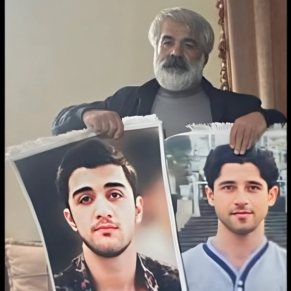 Mohammd-Mehdi Karami's father holding photos of his son (left) and Mohammad Hosseini (right)
