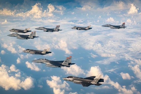 Israeli F-35i and American F-15 jets hold an exercise over Israel, November 29, 2022.