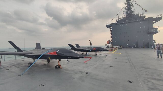 An image of the Qaem drone on the deck of the Bagheri vessel