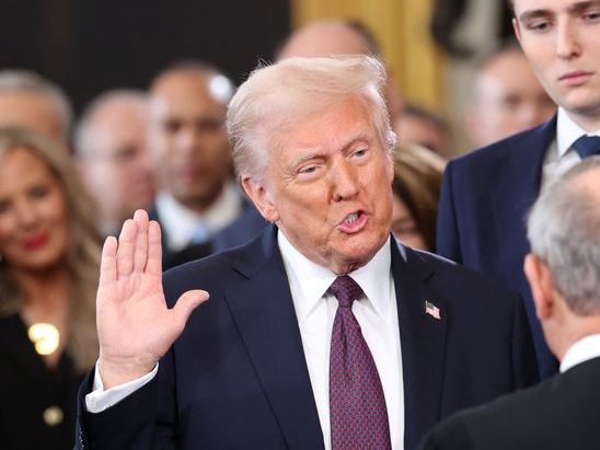 U.S. President Donald Trump takes oath on the day of his Presidential Inauguration, Washington, U.S., January 20, 2025