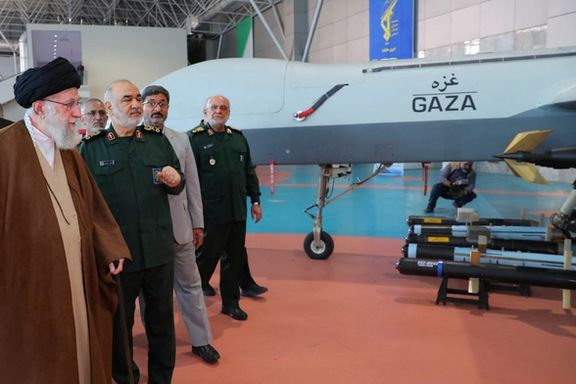 Iran's Supreme Leader Ali Khamenei inspecting a Gaza military attack drone in November 2023.