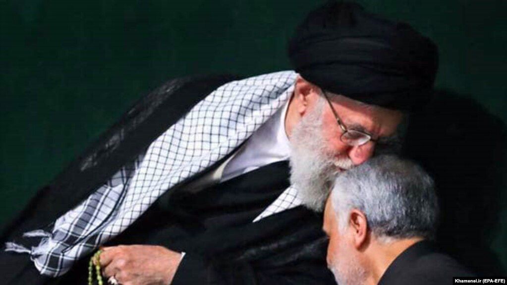 Iran's Supreme Leader Ali Khamenei showing his appreciation to former Quds Force commander Qasem Soleimani. Undated