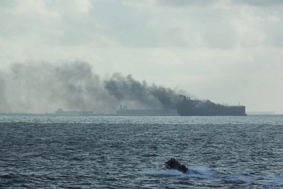 Burning vessels following a fire on two oil tankers about 55 km (34 miles) northeast of the Singaporean island of Pedra Branca, July 19, 2024.