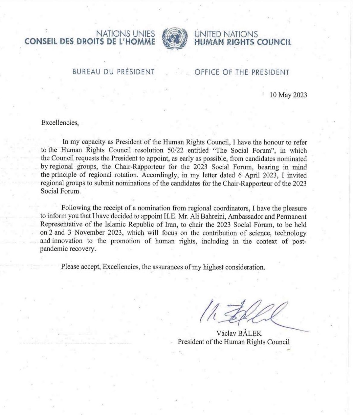 The letter by Vaclav Balek, the president of the Human Rights Council (May 2023)