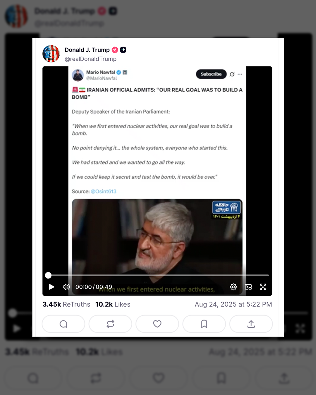 دونالد ترامپ اظهارات مطهری درباره هدف جمهوری اسلامی برای «ساخت بمب اتم» را بازنشر کرد