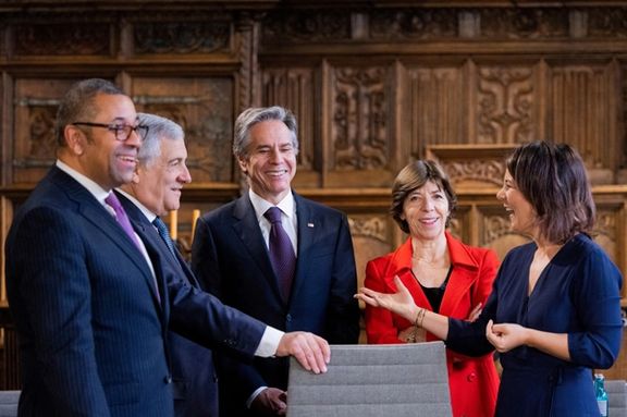 Germany's Annalena Baerbock, Britain's James Cleverly, Italy's Antonio Tajani, US Secretary of State Antony Blinken and French Foreign Minister Catherine Colonna attend a working session during the meeting of the G7 Foreign Ministers, at the City Hall in Muenster, Germany November 4, 2022