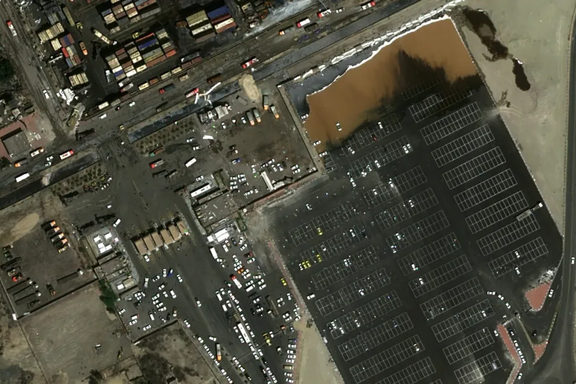 Area No. 3: administrative section of Rajaei port — signs of damage are evident in the parking lot and the roofs of administrative buildings