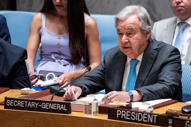 UN Secretary-General Antonio Guterres addresses delegates during a meeting of the United Nations Security Council, following US attack on Iran's nuclear sites, at UN headquarters in New York City, US, June 22, 2025. 