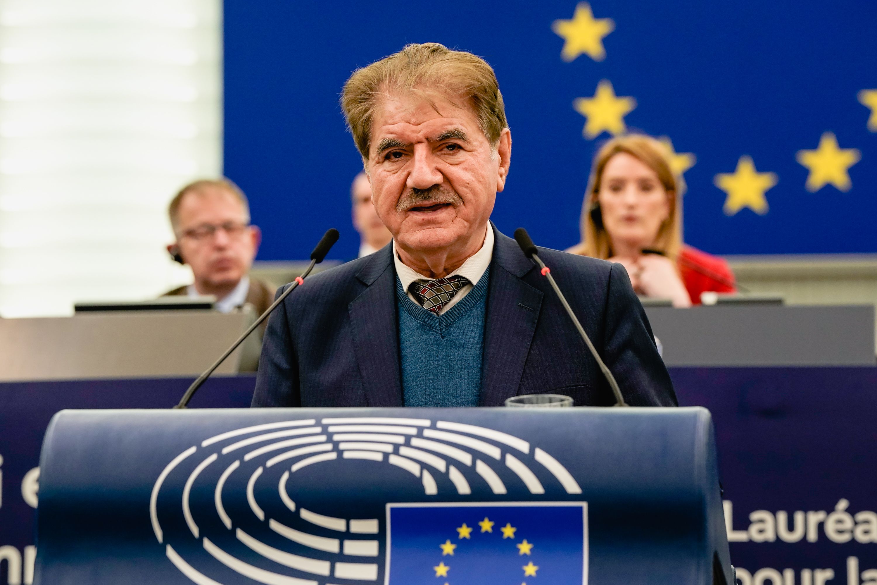 Saleh Nikbakht, the lawyer representing Jina Mahsa Amini’s family, during a ceremony to receive the European parliament’s 2023 Sakharov Prize for Freedom of Thought, which was awarded to Mahsa Amini 