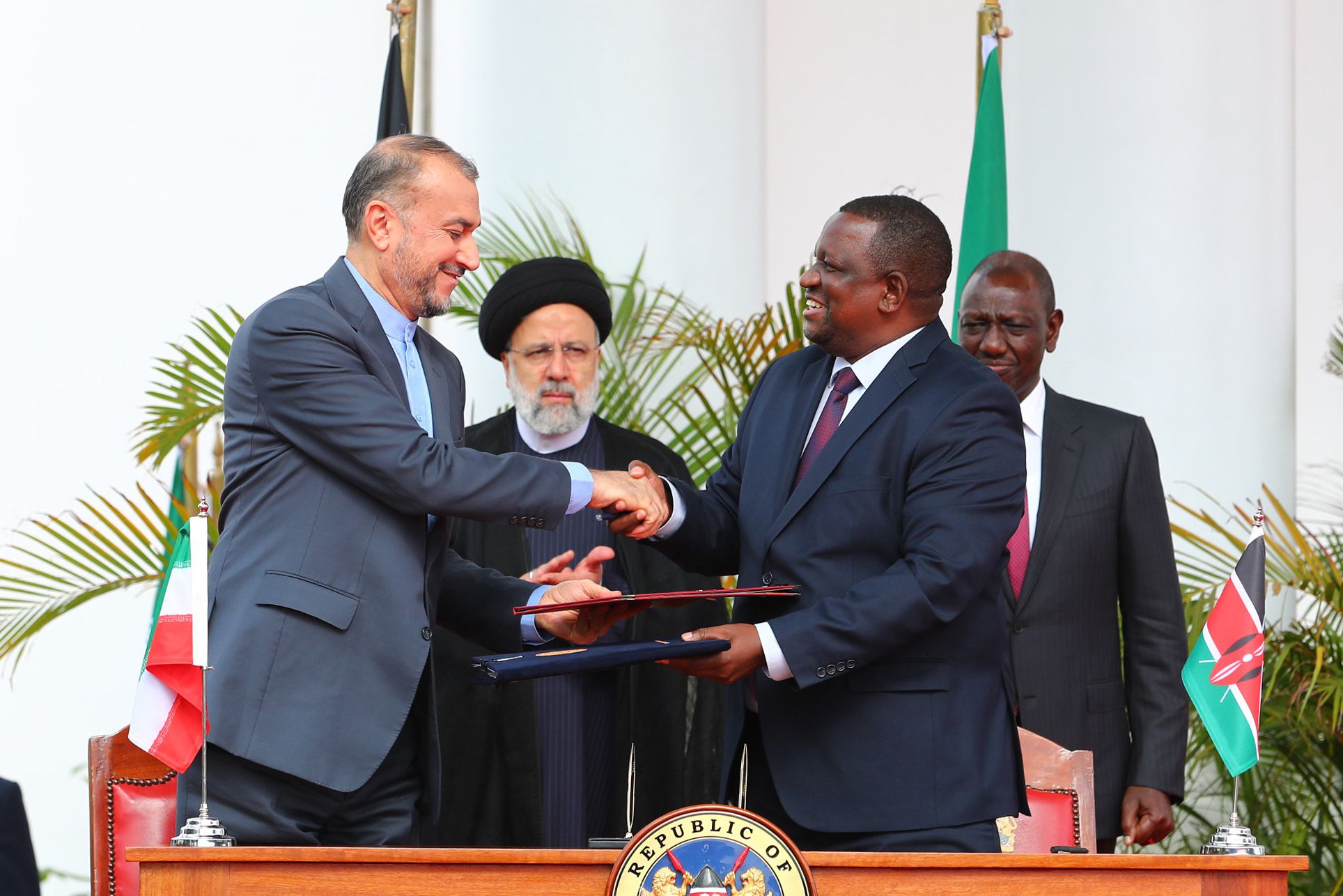 Iran’s President Ebrahim Raisi and his Kenyan counterpart William Ruto during oversee a signing ceremony in Nairobi on July 12, 2023.  