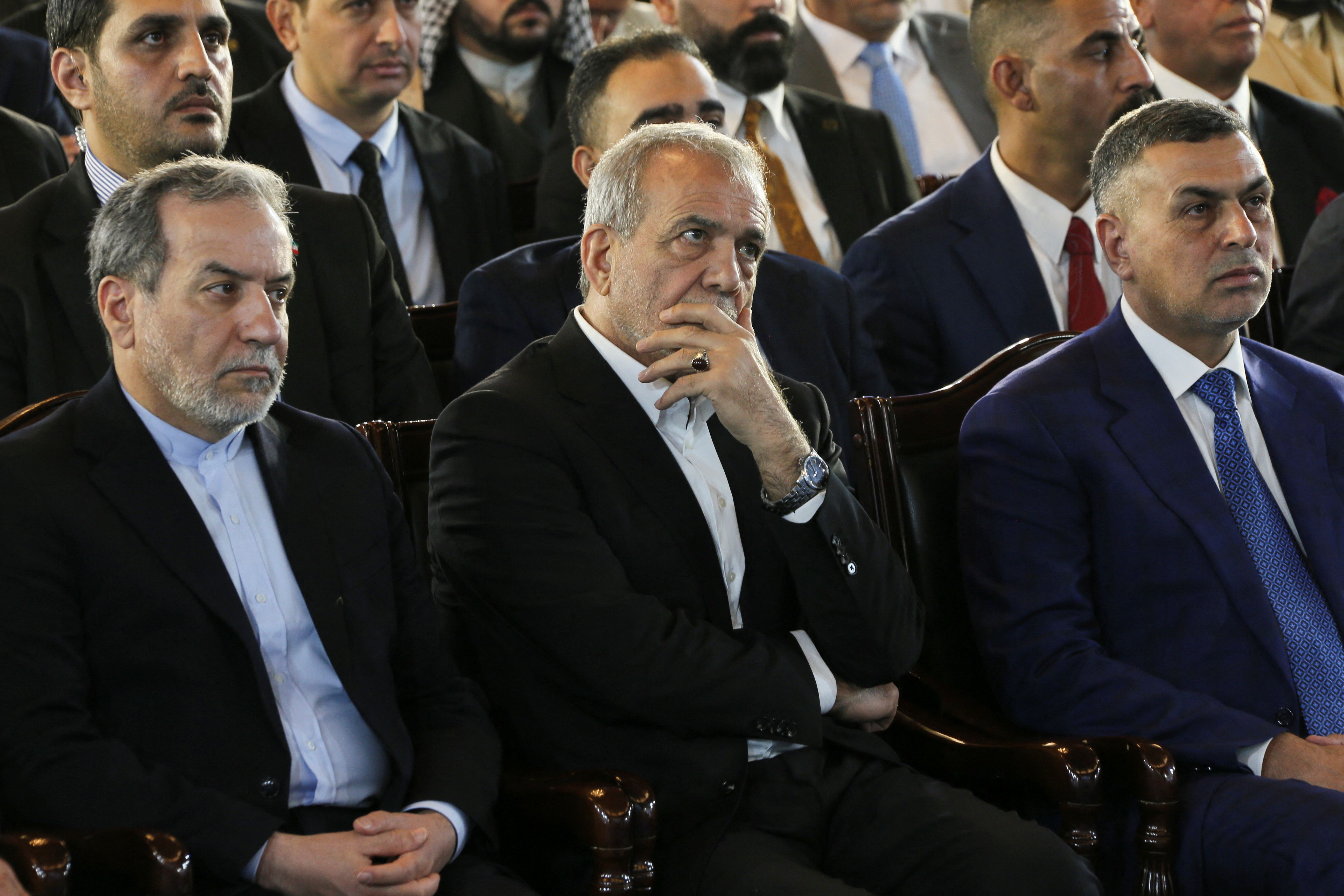 Iranian president Masoud Pezeshkian looks on, as he meets with community members, academic figures, tribal sheikhs and officials during his visit, in Basra, Iraq, September 13, 2024.