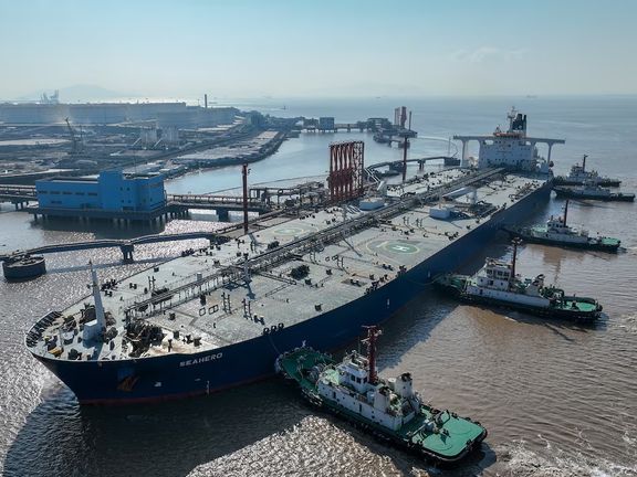 A crude oil tanker at an oil terminal Zhejiang province, China January 4, 2023.
