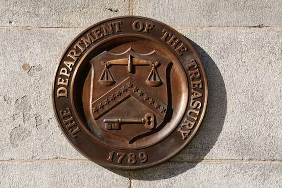 A bronze seal for the Department of the Treasury is shown at the US Treasury building in Washington