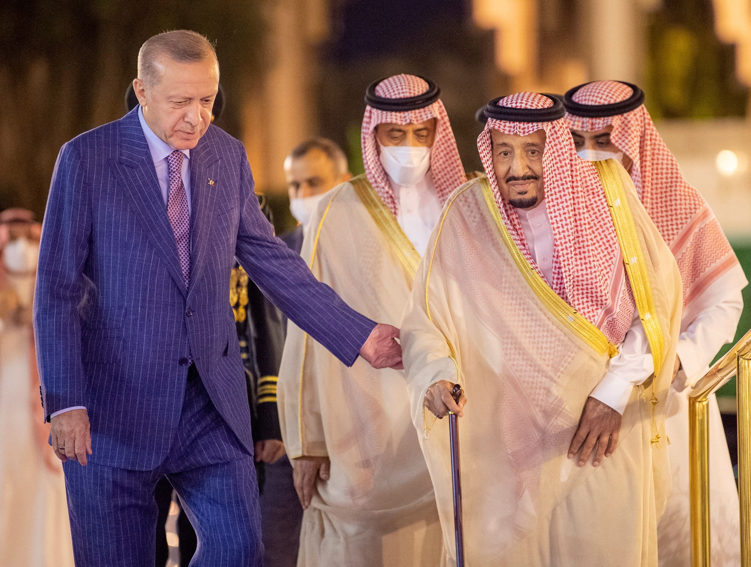 King of Saudi Arabia Salman bin Abdulaziz Al Saud meets Erdogan upon his arrival in Jeddah, April 28, 2022.