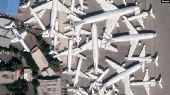 An aerial photo of out of service airplanes at Tehran’s Mehrabad Airport