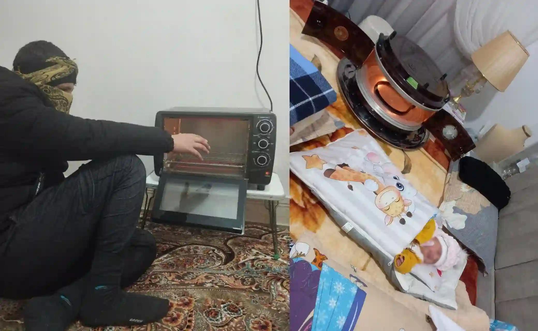 People warming themselves with electric toasters and other home appliances  