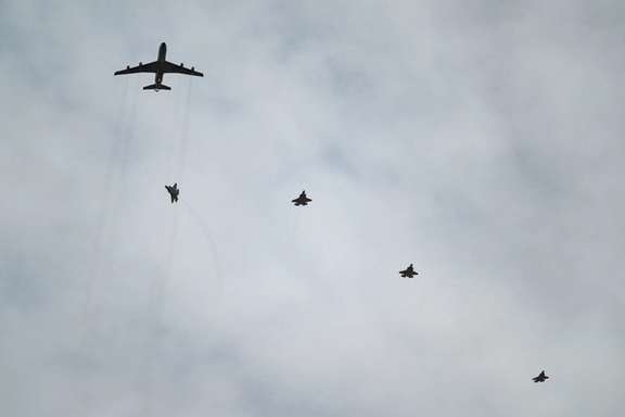 Four F-35I fighter jets escort a B707 refueler in preparation for Red Flag-Nellis 23-2 at Nellis Air Force Base, Nevada, March 8, 2023.