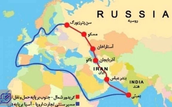 خط قرمز، تفاوت مسیر تجارت روسیه از طریق ایران و خطر آبی بدون ایران، از مسیر سنتی را نشان میدهد
