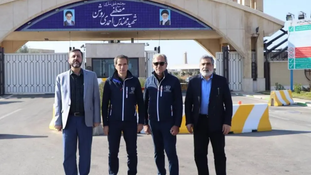 IAEA Director General Rafael Grossi pictured with Behrouz Kamalvandi, spokesperson for the Atomic Energy Organization, and Kazem Gharibabadi, Deputy Foreign Minister, at the Natanz nuclear site in Iran, Nov 15, 2024.