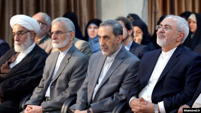 Former Iranian foreign ministers Mohammad Javad Zarif (R) and his predecessors Ali Akbar Velayati and Kamal Kharrazi next to him, in a meeting with Supreme Leader Ali Khamenei on July 21, 2018.