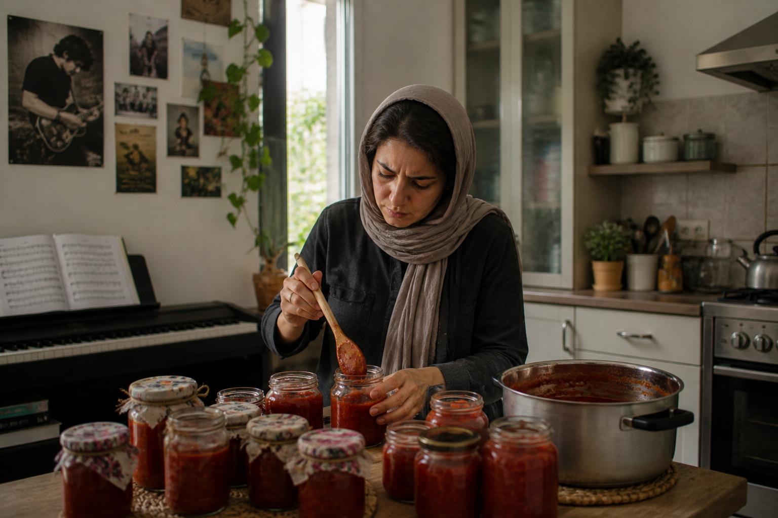 AI-generated image shows jars of homemade tomato paste prepared by a woman at home in Iran, reflecting how internet disruptions have affected small online businesses and household livelihoods.
