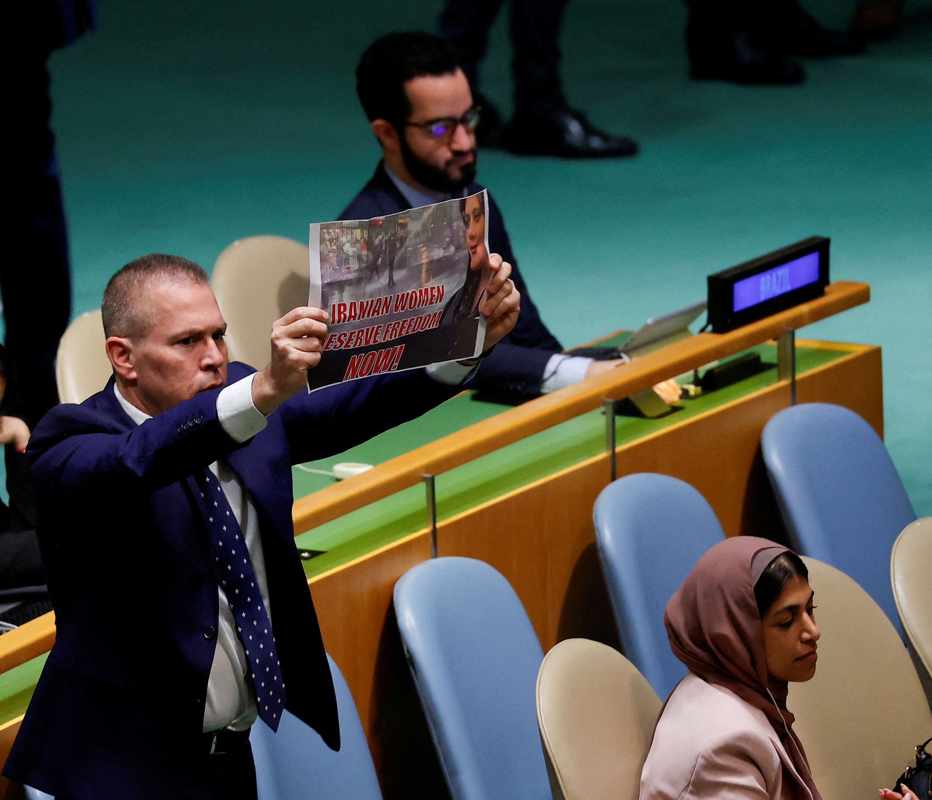 Israel's Ambassador to the United Nations Gilad Erdan during his protest at the UB General Assembly. Sept. 20, 2023