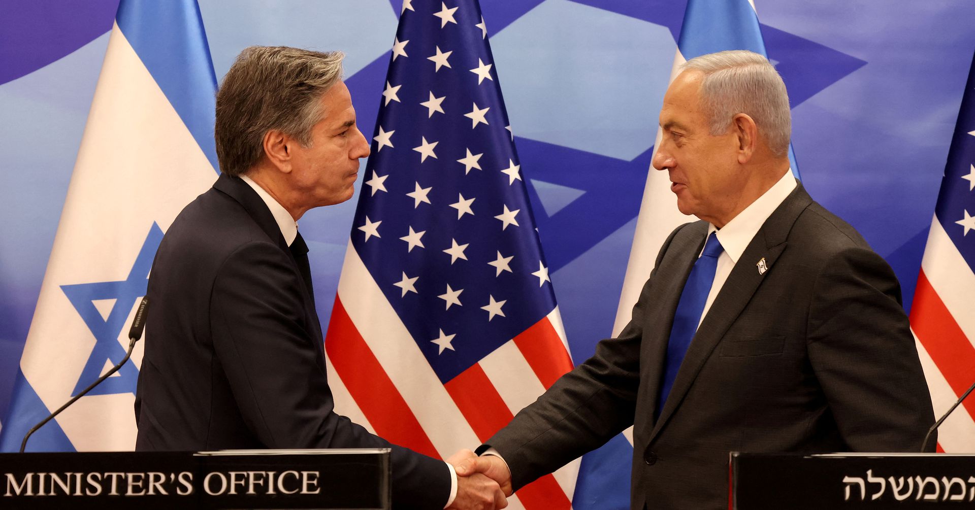 US Secretary of State Antony Blinken and Israeli Prime Minister Benjamin Netanyahu shake hands during a press conference, on January 30, 2023 in Jerusalem.
