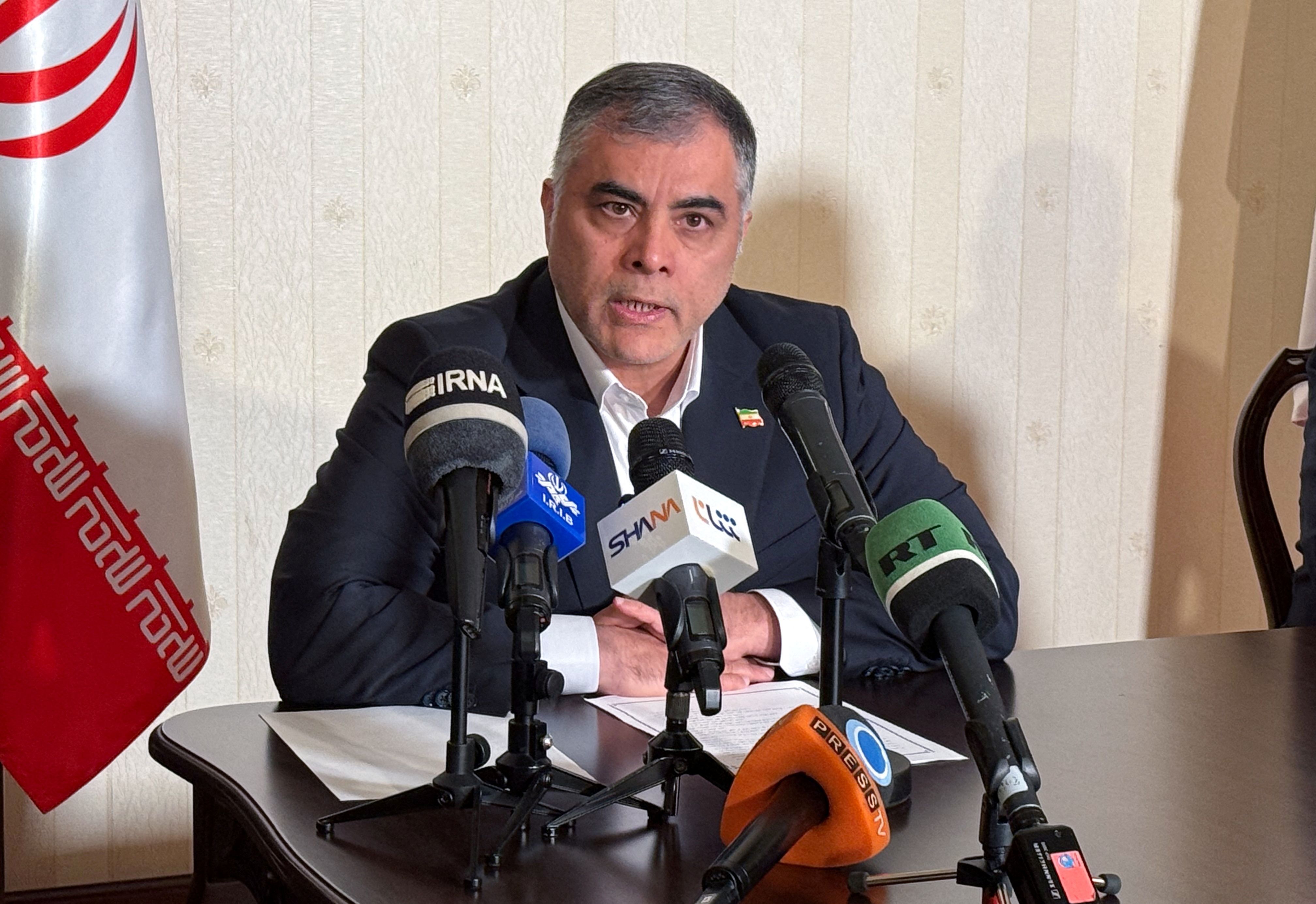 Iranian Oil Minister Mohsen Paknejad makes a statement following a signing ceremony attended by Russian Energy Minister Sergei Tsivilev in Moscow, Russia, April 25, 2025. 