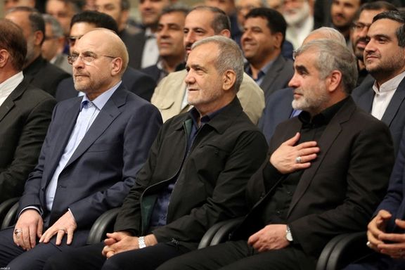 Iran's President-elect Masoud Pezeshkian in a meeting with Supreme Leader Ali Khamenei in Tehran, Iran, July 21, 2024