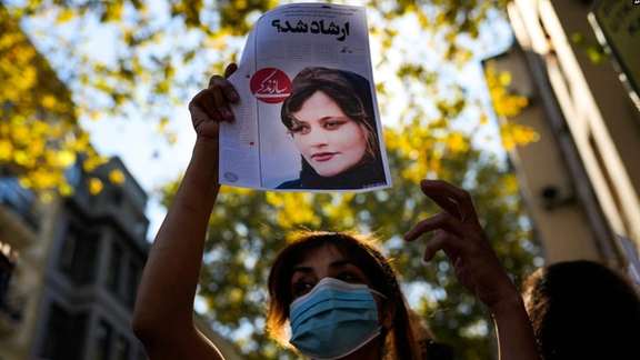 Protestor in Tehran holding up a photo of Mahsa Amini, killed by hijab police in September 2022