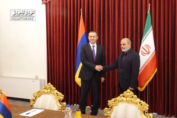 The Secretary of Iran's Supreme National Security Council Ali Akbar Ahmadian (right) during a meeting with his Armenian counterpart, Armen Gregorian, in Tehran on October 1, 2023
