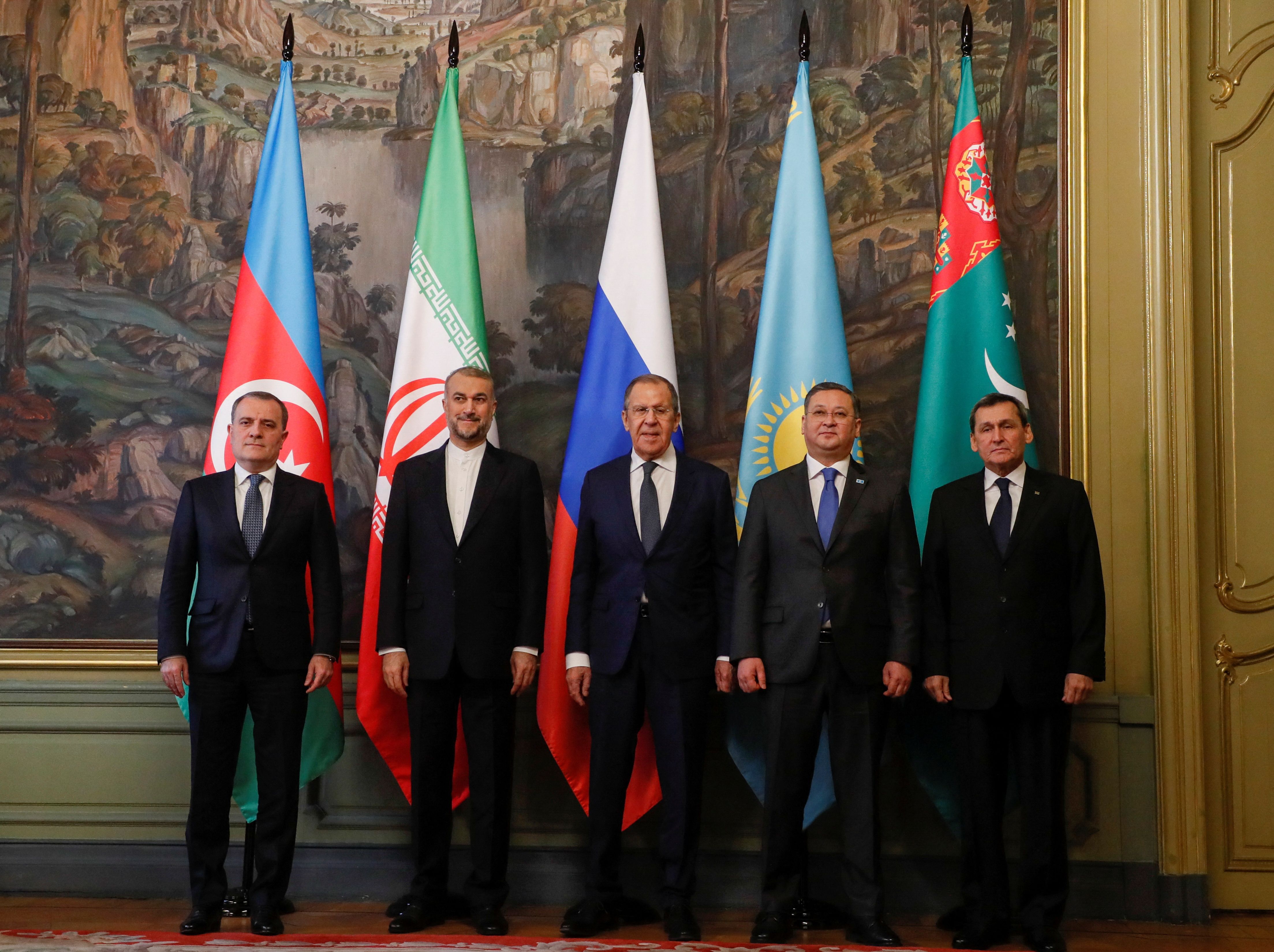 Representatives of Azerbaijan, Iran, Russia, Kazakhstan and Turkmenistan during group photo ceremony at the annual meeting of the Caspian Sea littoral states, known as the 'Caspian Five' in Moscow, Russia December 5, 2023 
