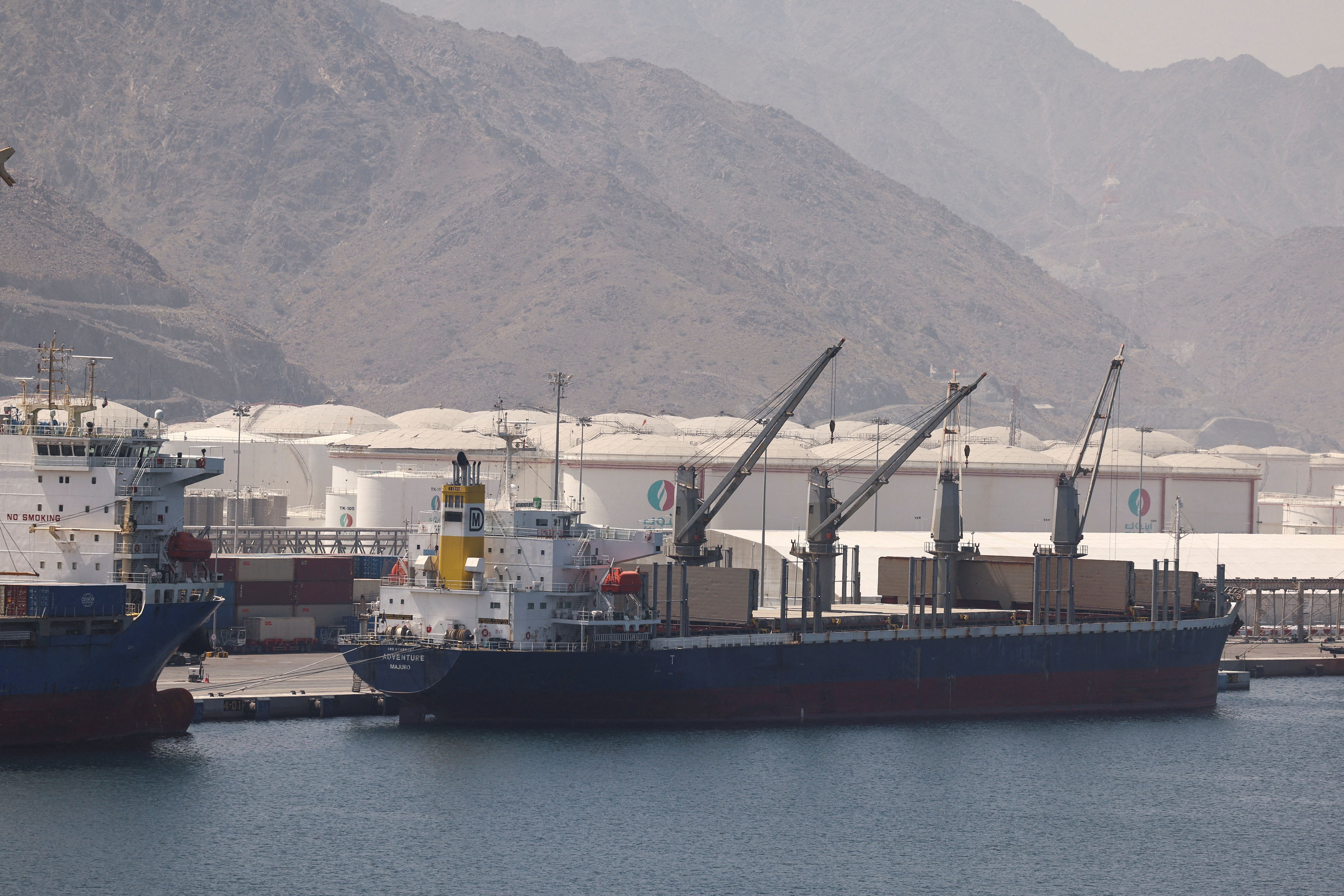 Bulk Carrier 'Adventure' at the Port of Fujairah, as the US-Israel conflict with Iran limits marine traffic in the Strait of Hormuz, in Fujairah, United Arab Emirates, May 6, 2026. 