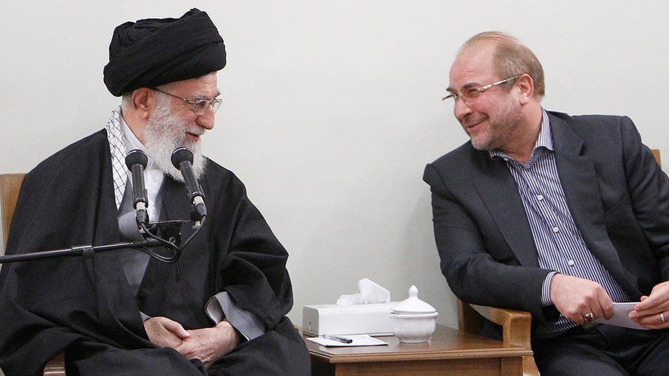 Iran’s Parliament Speaker Mohammad Bagher Ghalibaf (right) and Supreme Leader Ali Khamenei  