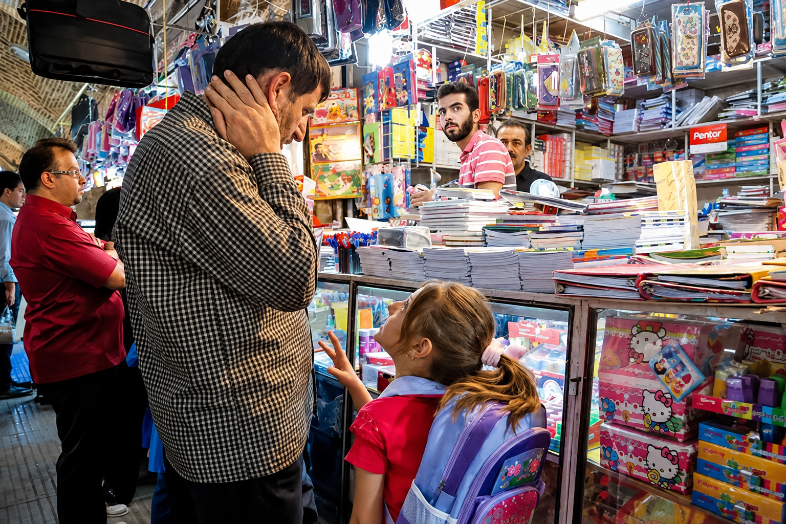 A father and daughter shop for school supplies at a stationery market in Iran. (undated)